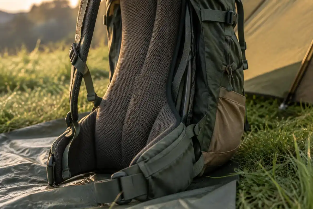 Curved back panel and frame stay showing through pack edge