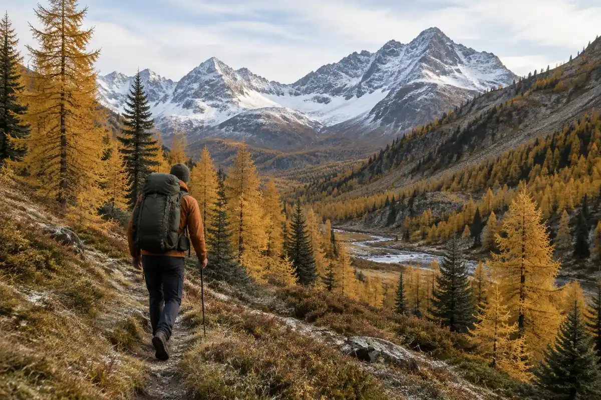 Golden larch valley trail with a hiker carrying a large pack