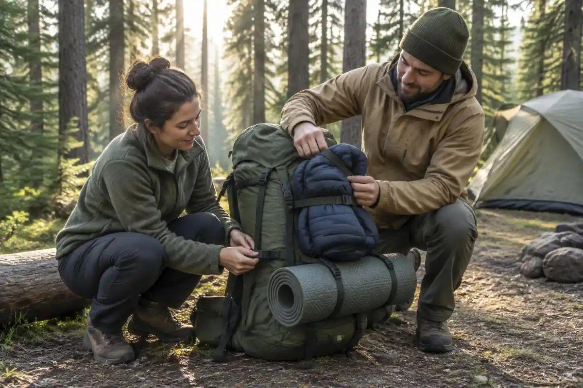 Two hikers strapping a rolled sleeping mat to the outside of a big pack
