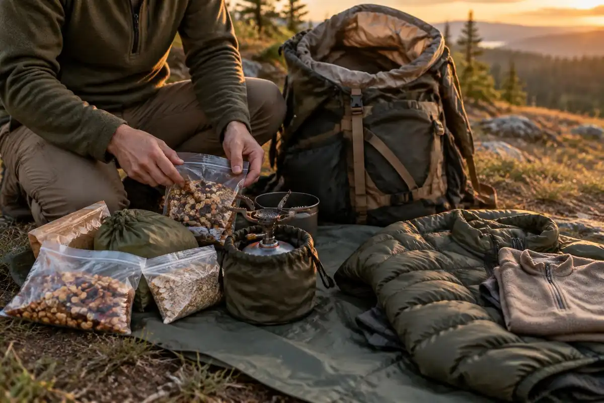 Packed food bags and a stove sack laid out beside an open pack