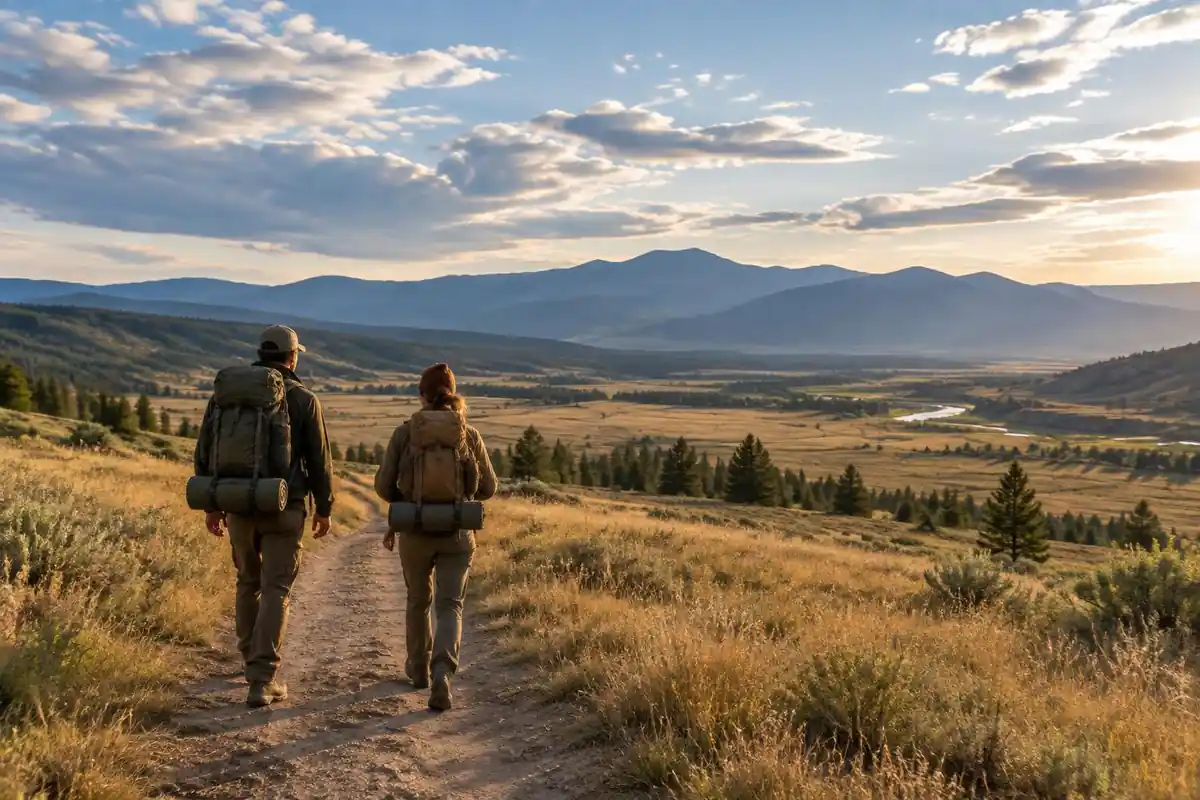 Two backpackers heading into a big-sky prairie valley with tall packs