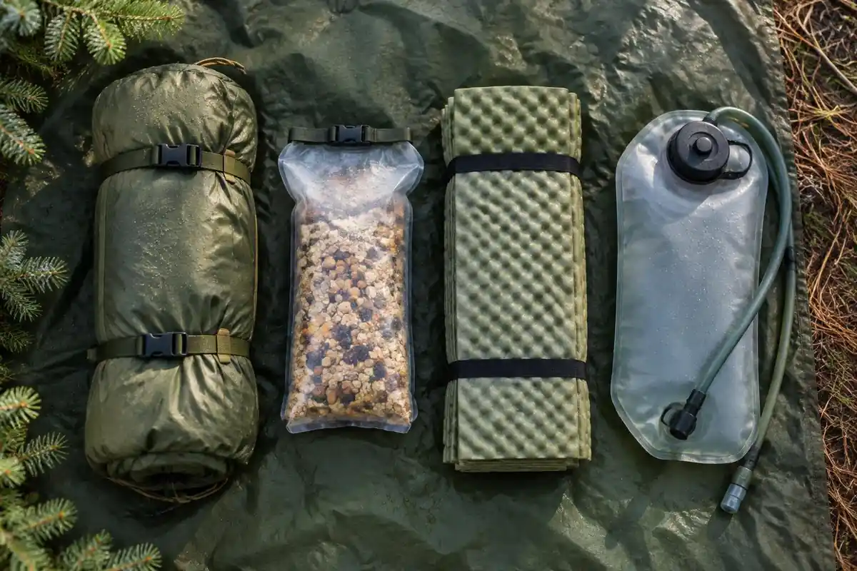 Rolled tent, food bag and water bladder set out on a groundsheet