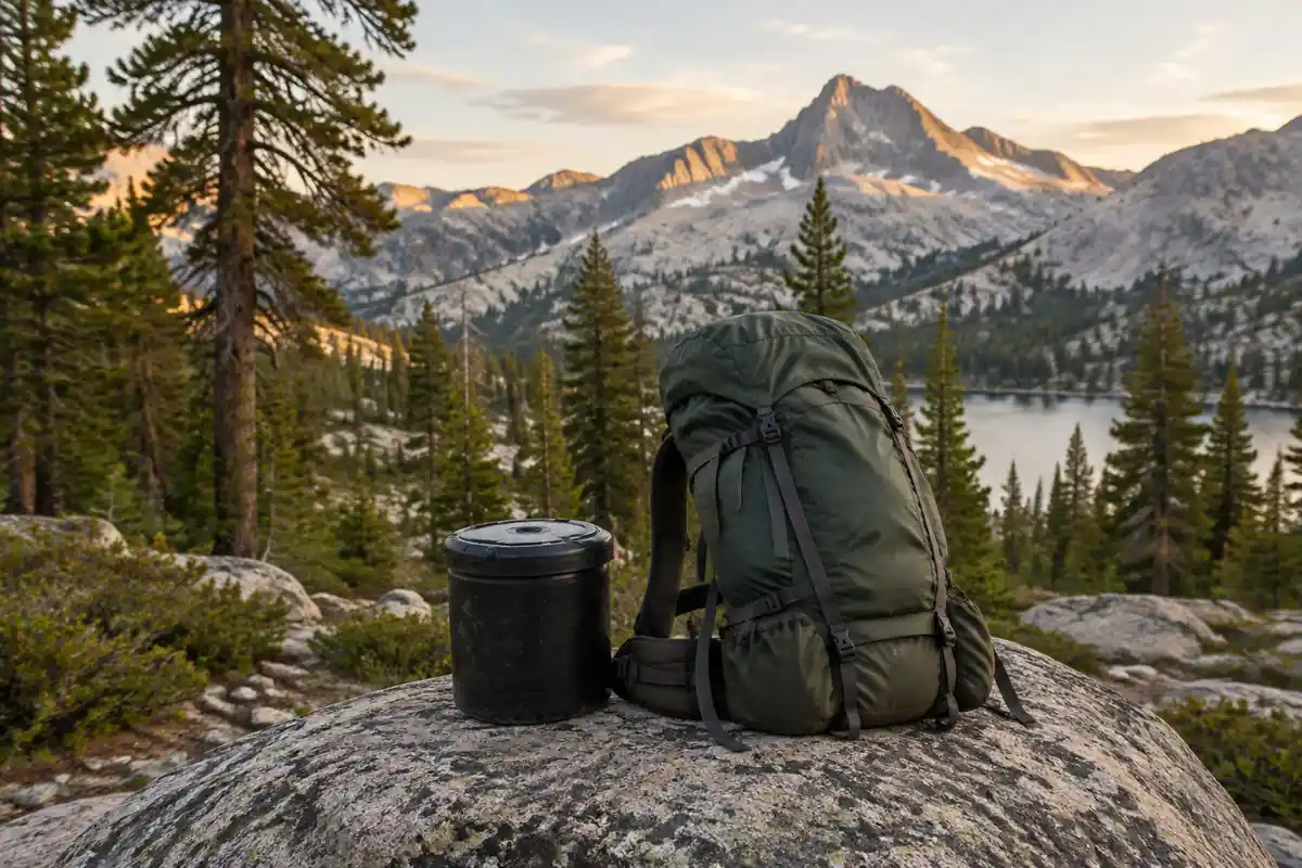 Bear-country trailhead with a canister and pack on a rock