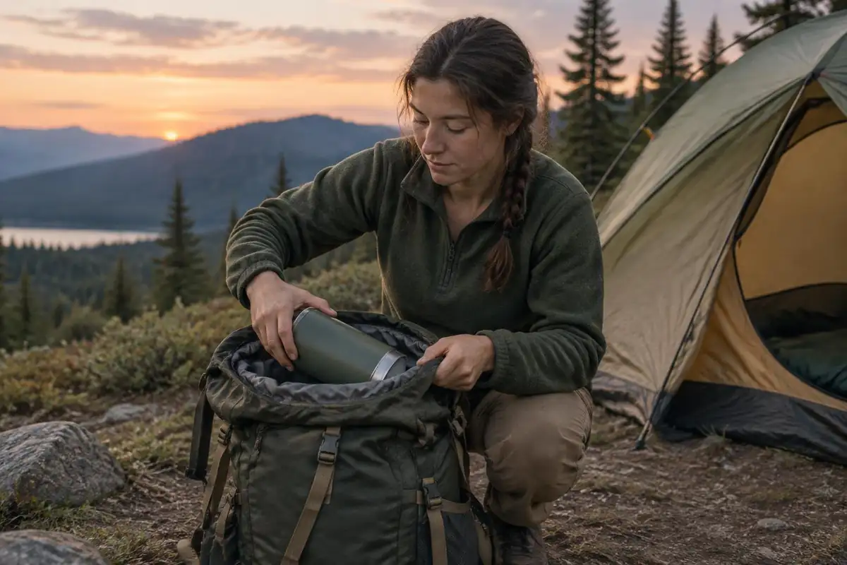 Woman fitting a food canister horizontally inside her pack