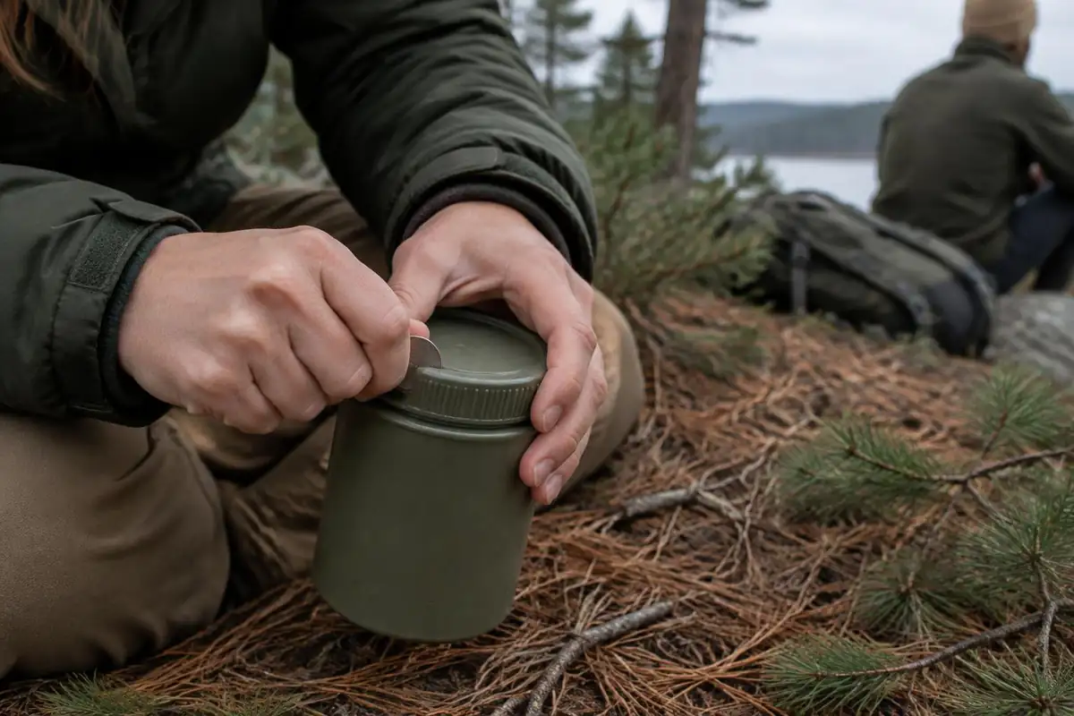 Hands locking a canister lid with a coin