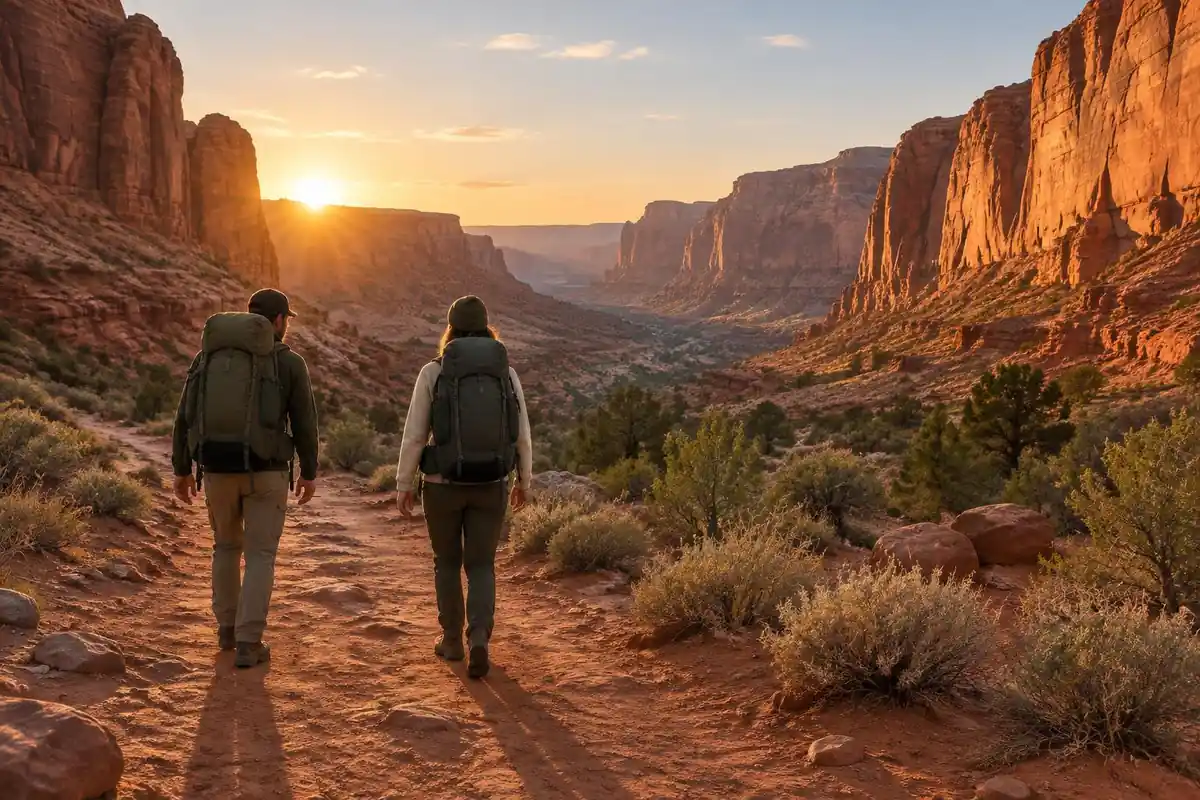 Desert canyon rim path with two backpackers in the early morning