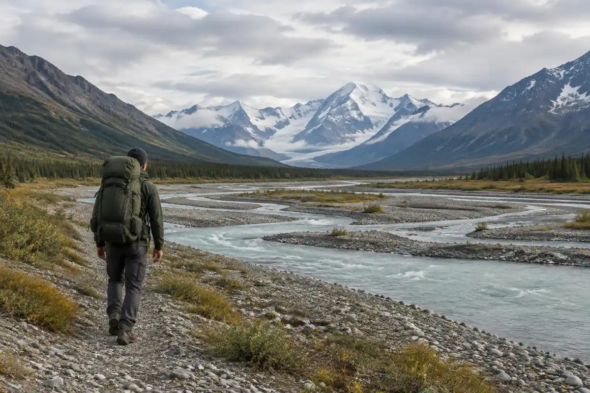 Long river valley with a backpacker on a multi-week trek