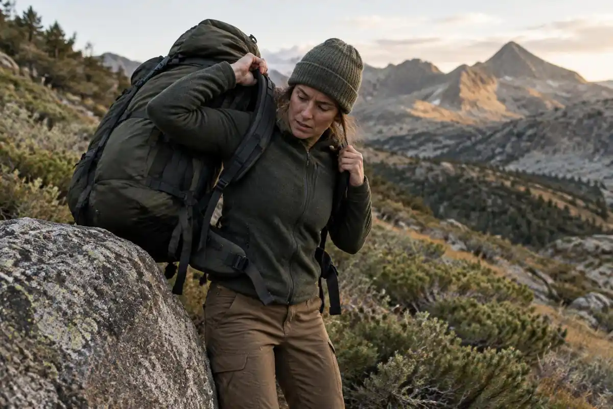 Backpacker hoisting a heavy pack from a boulder onto their back