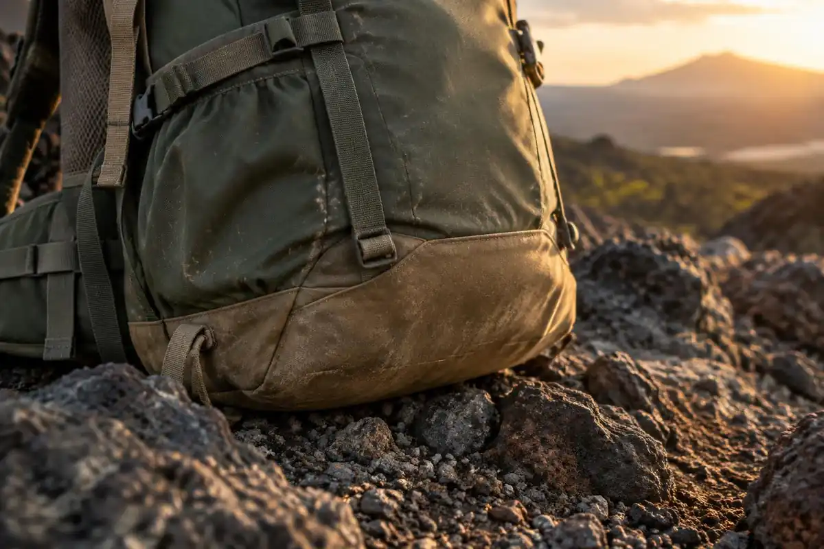 Rugged nylon pack fabric with scuffs against bare rock