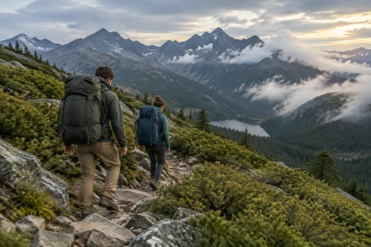 Loaded long-haul hikers descending a rocky alpine trail
