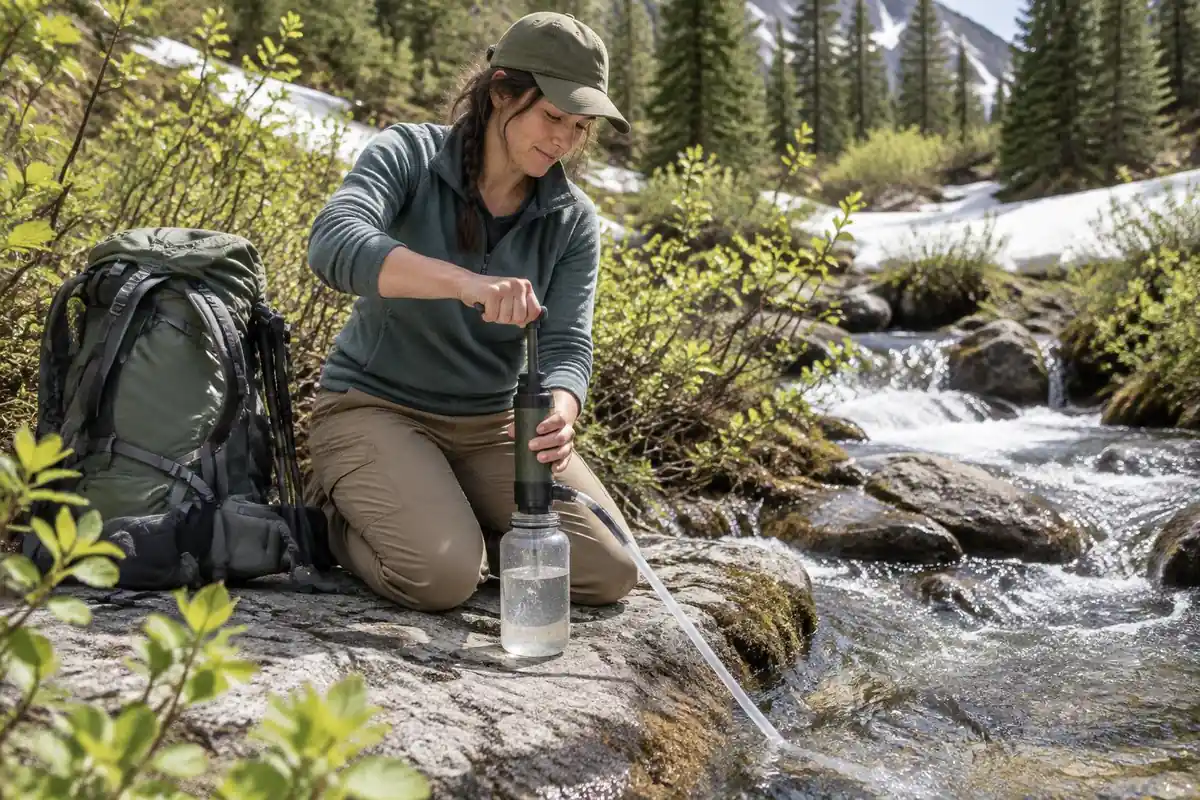 Woman refilling water bottles from a filter at a mountain stream on a pause