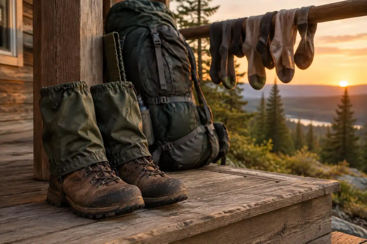 Worn boots and gaiters by a large pack leaned against a cabin post