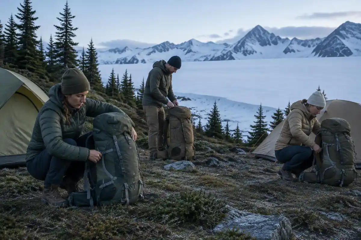 Expedition-style camp loading with a large pack among snow slopes