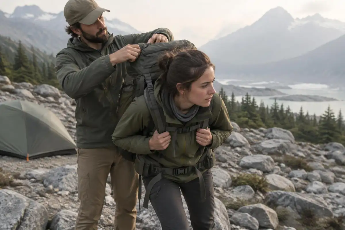 Hiker crouching to have a partner adjust the hip belt on a huge pack