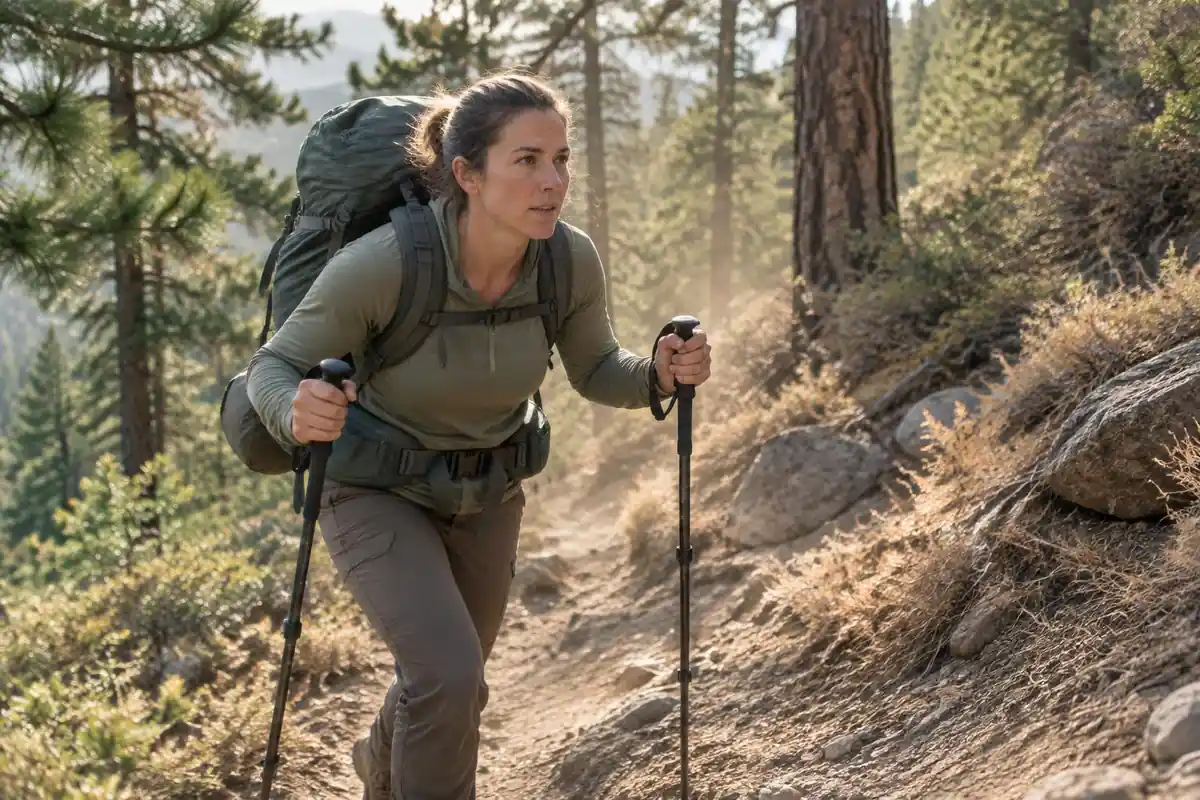 Hiker leaning into a steep dirt climb with a heavy pack, hip belt carrying the load