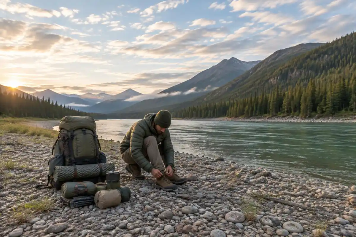 Camp gear and a heavy pack staged on a gravel bar by a wide river