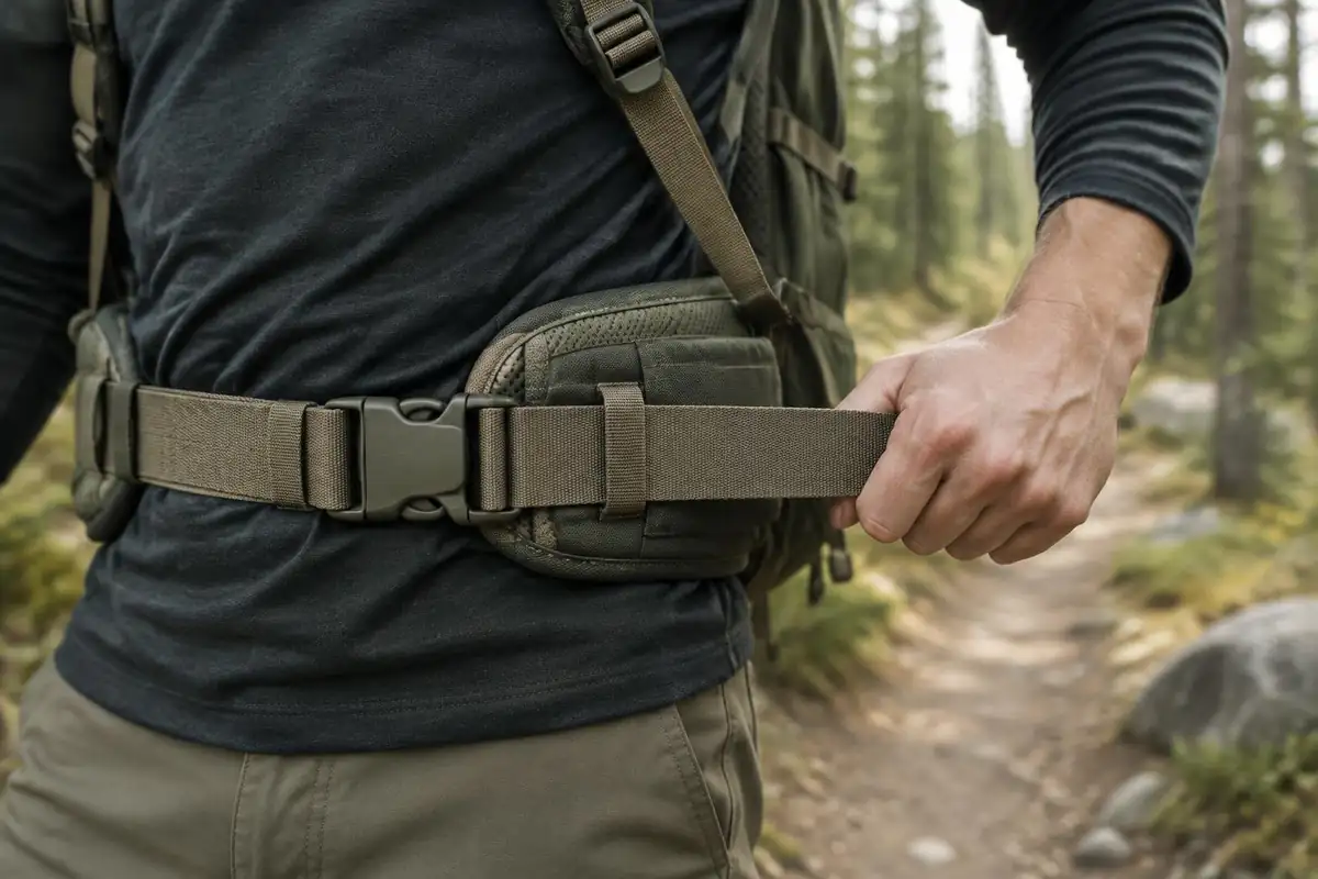 Wide padded hip belt buckled over a hiker's waist