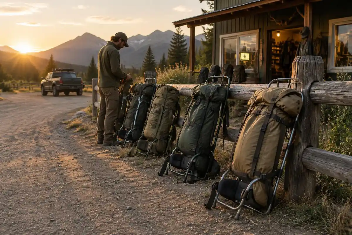 Vintage external-frame packs lined on a wooden fence outside an outfitter