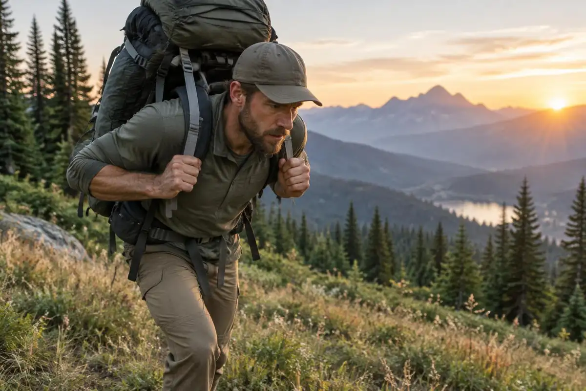 Hiker cinching the load lifter straps on a tall frame pack