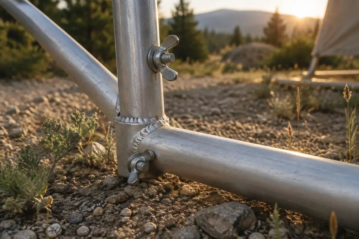 Strong aluminium tubes and welded joints on a frame close up