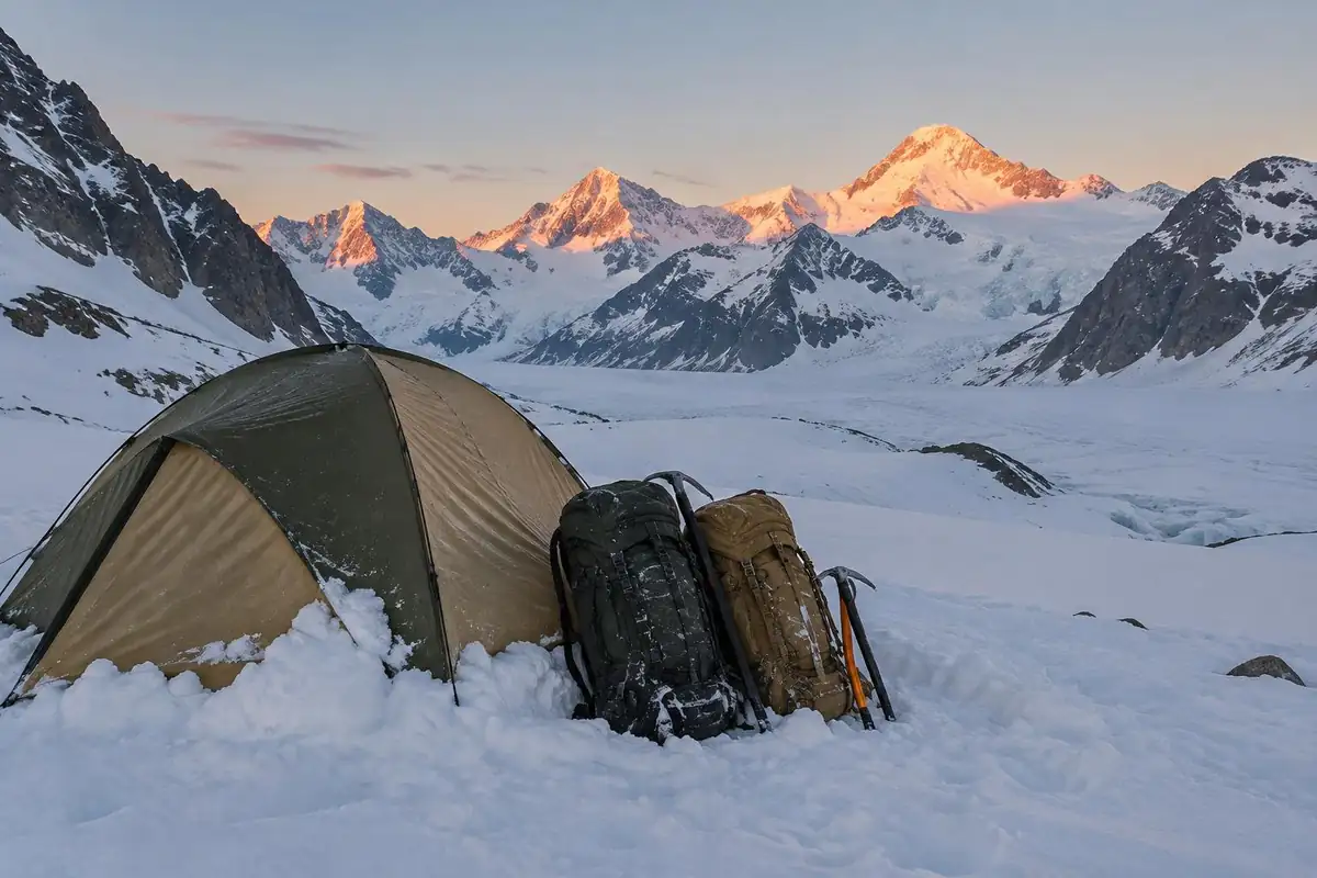 Snow-covered basin camp with a four-season tent and huge packs