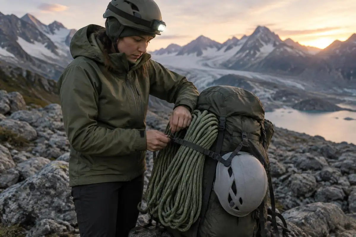 Mountaineer strapping a rope and helmet to a large pack on a moraine