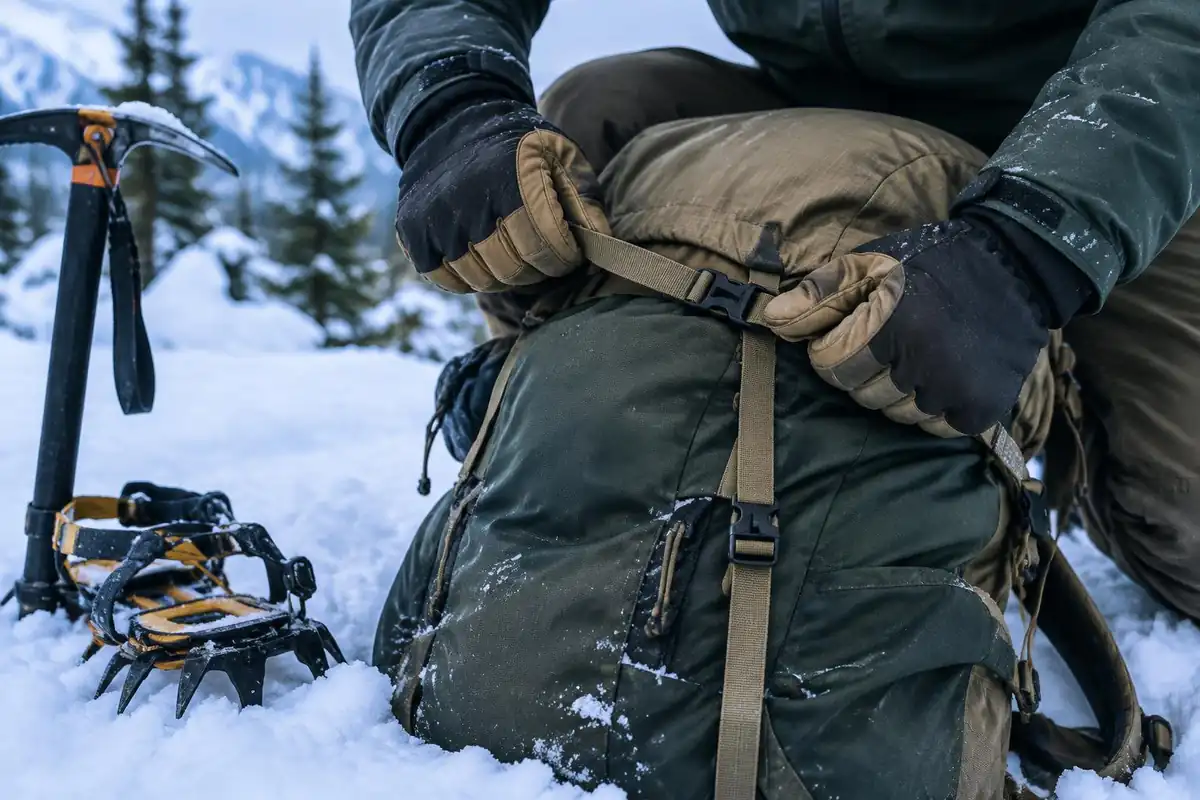 Gloved hands adjusting the lid strap of a large pack on snow