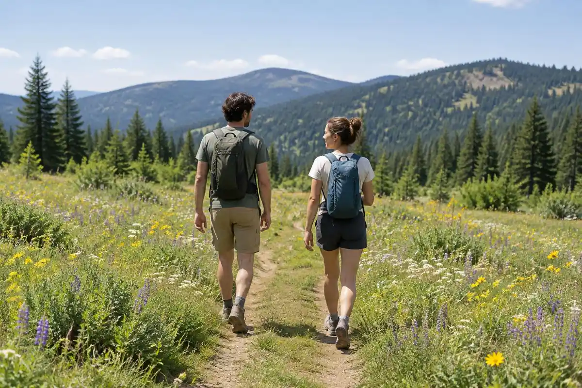 Two friends on a sunny meadow path in summer, small daypacks on backs
