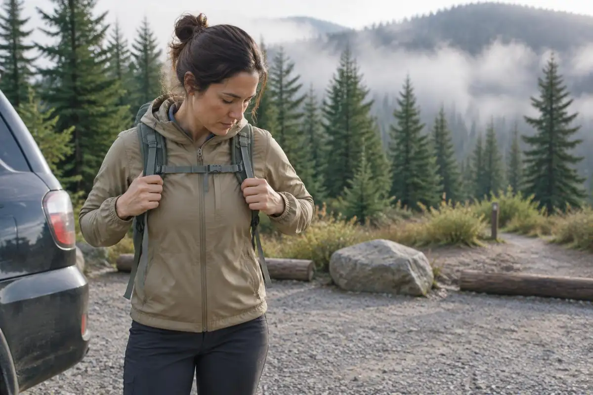 Woman adjusting the shoulder straps of a small pack at a trailhead