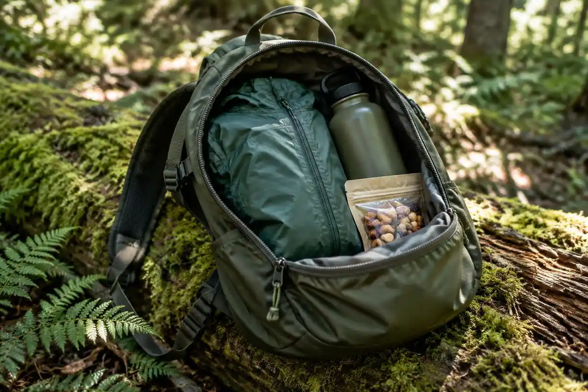 Open daypack top showing a rain shell, water bottle and snack bag