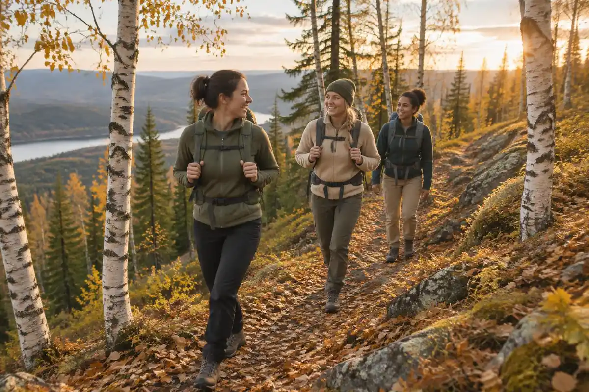 Group of women on a wooded ridge trail in autumn with small daypacks