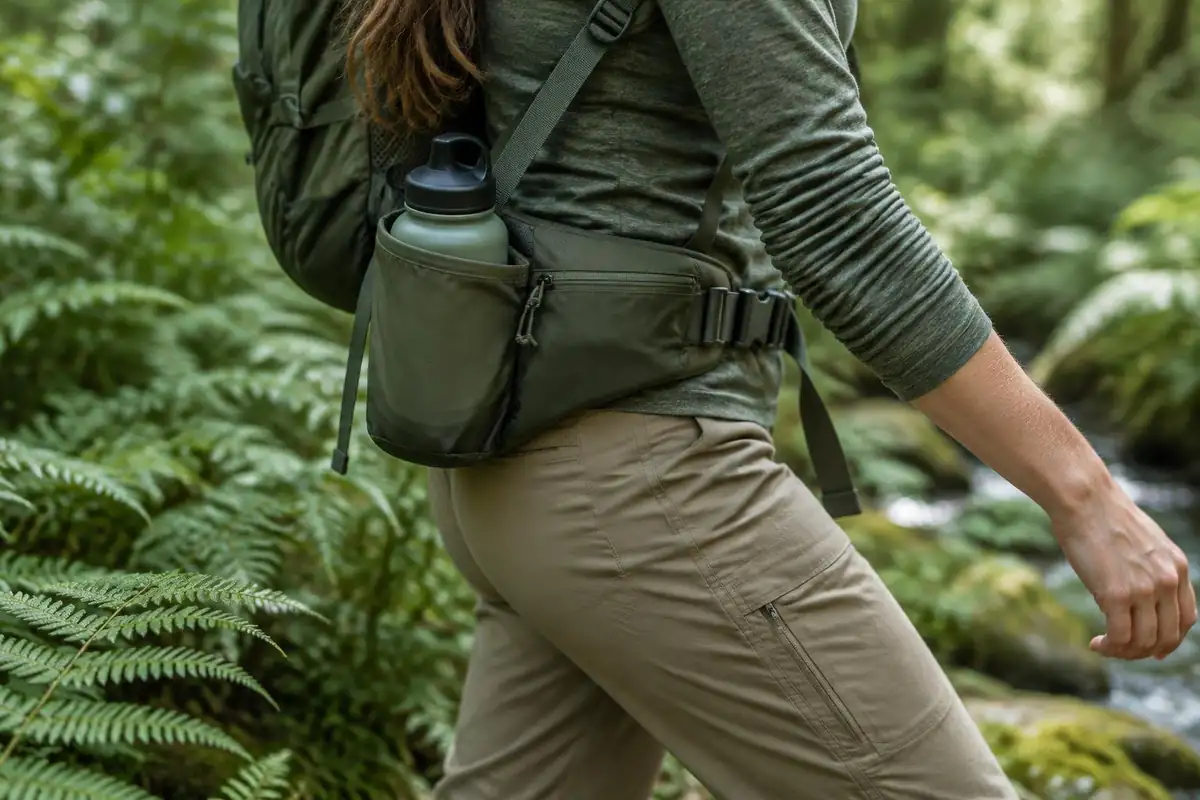 Close view of a padded hip belt sitting on a woman's hip