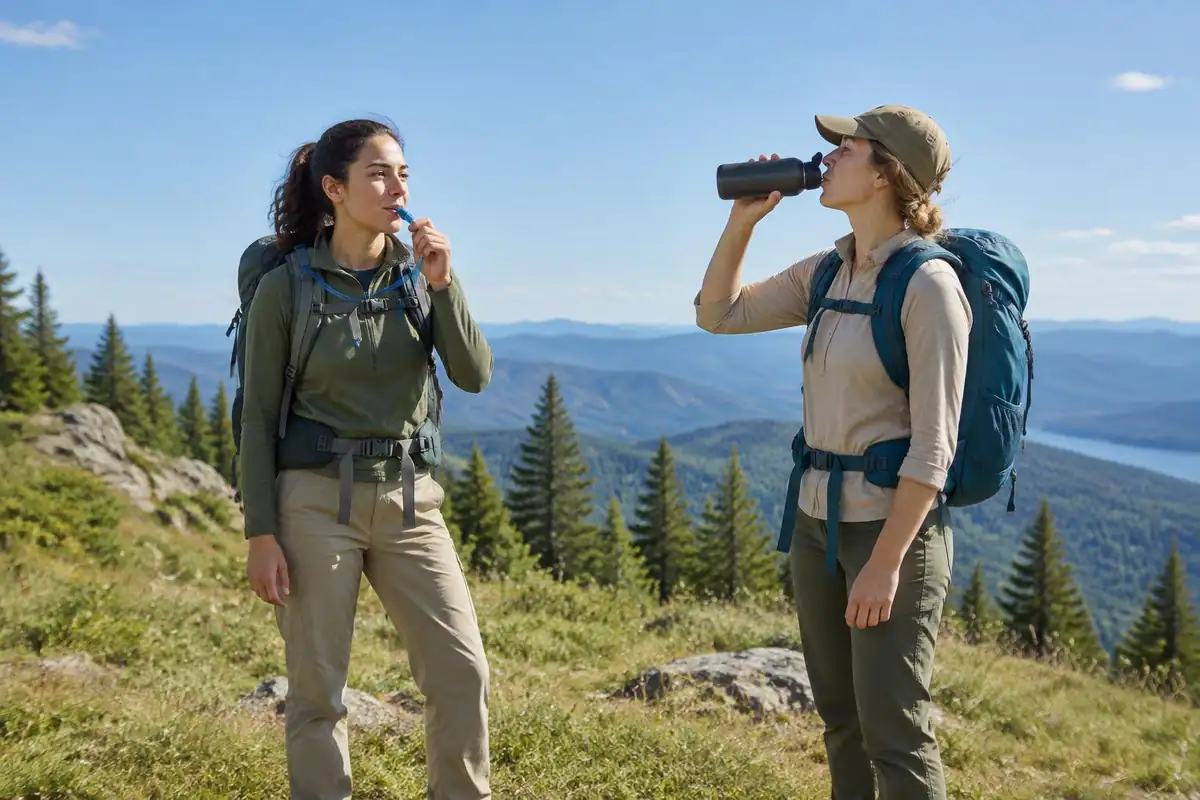 Two friends on a sunny hilltop, one drinking from a tube, one from a bottle