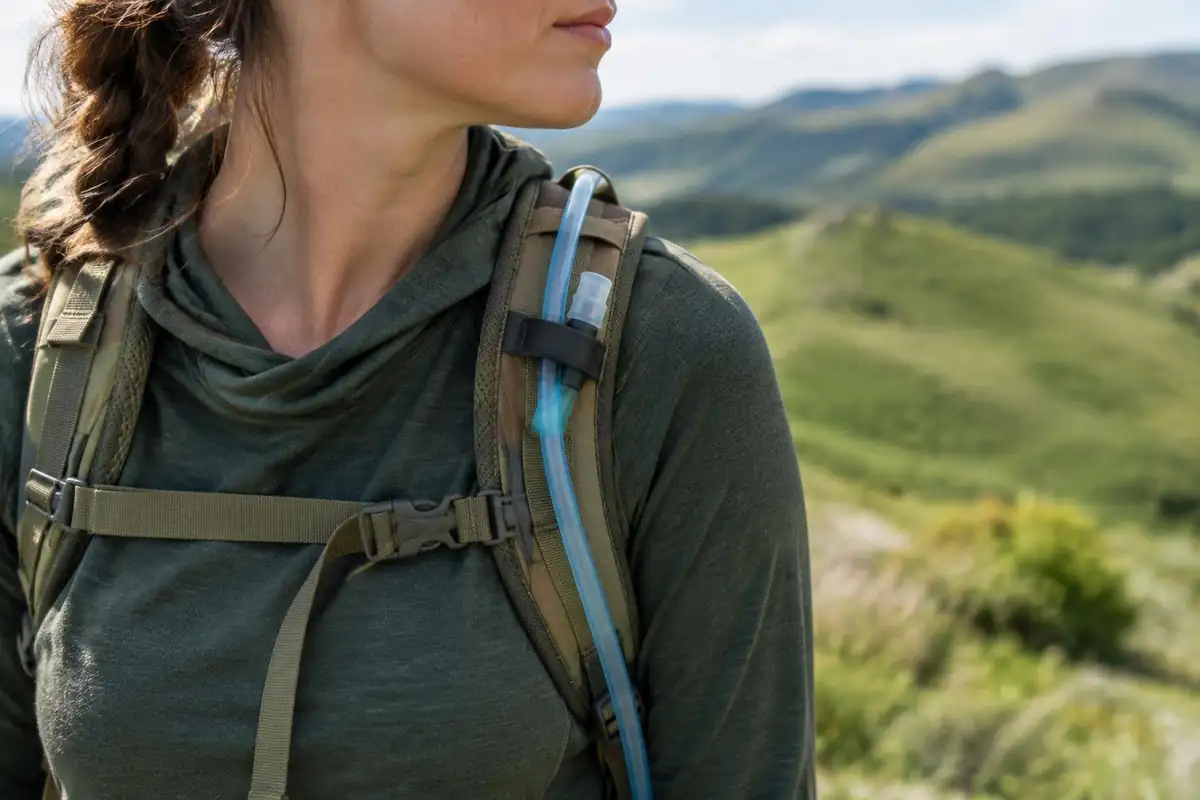 Water reservoir with a hose clipped to a small daypack strap