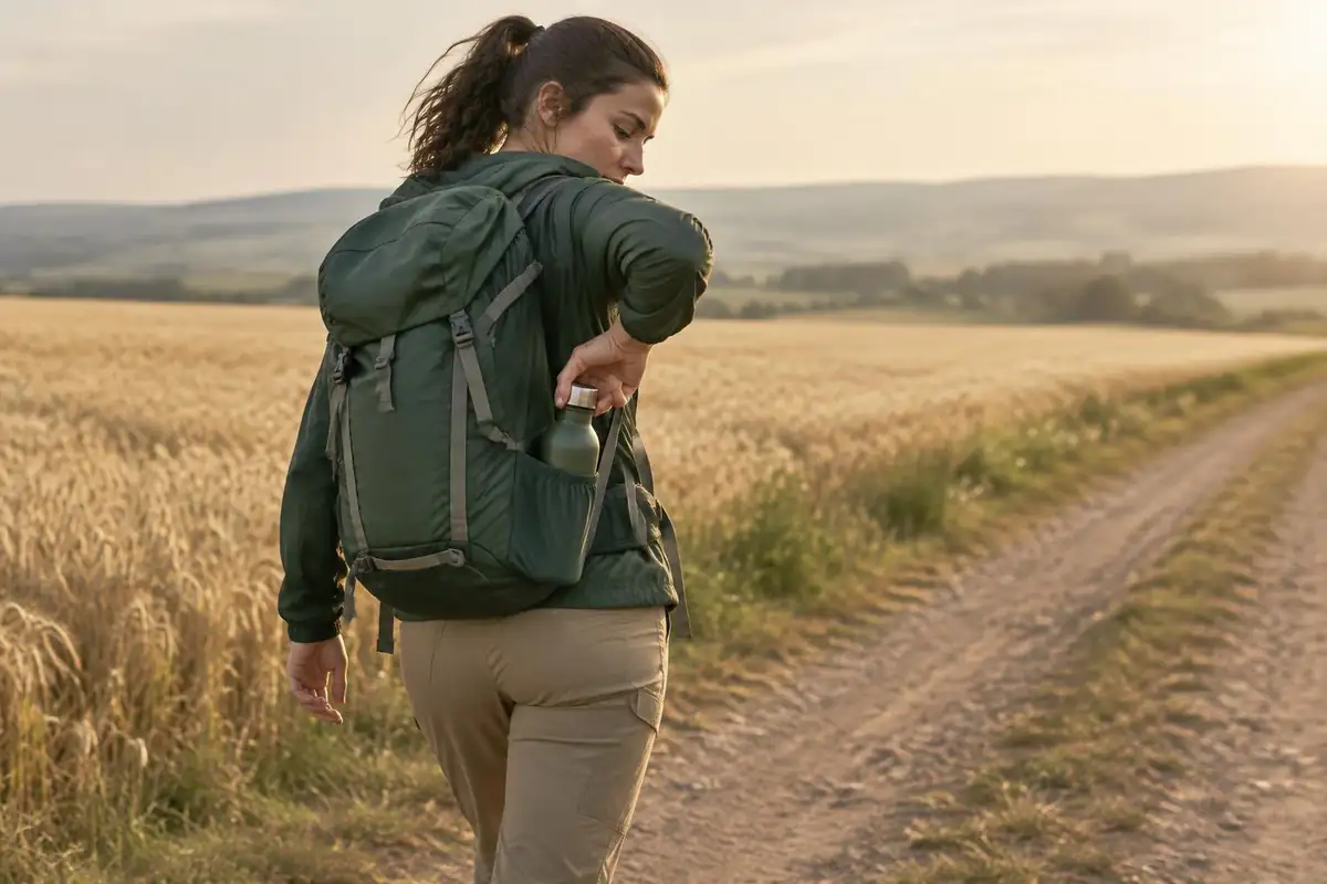 Hiker pulling a bottle from a side pocket while walking a wide dirt track