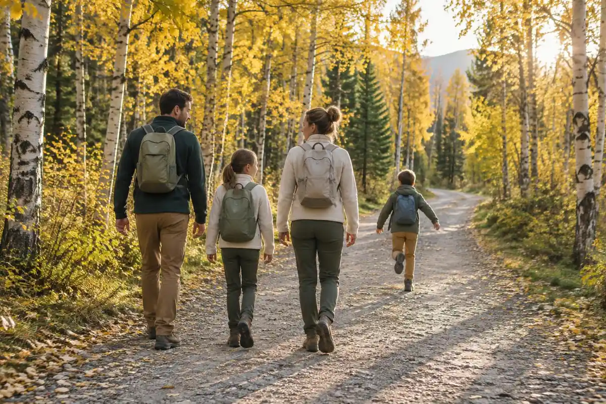 Family strolling a wide gravel path through birch woods