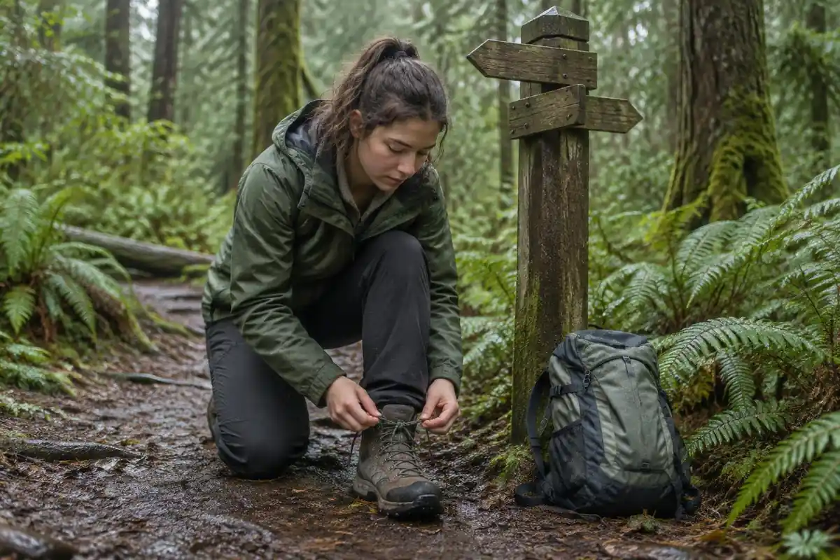 Teen girl zipping a tiny pack while tying her boot laces at a trail junction