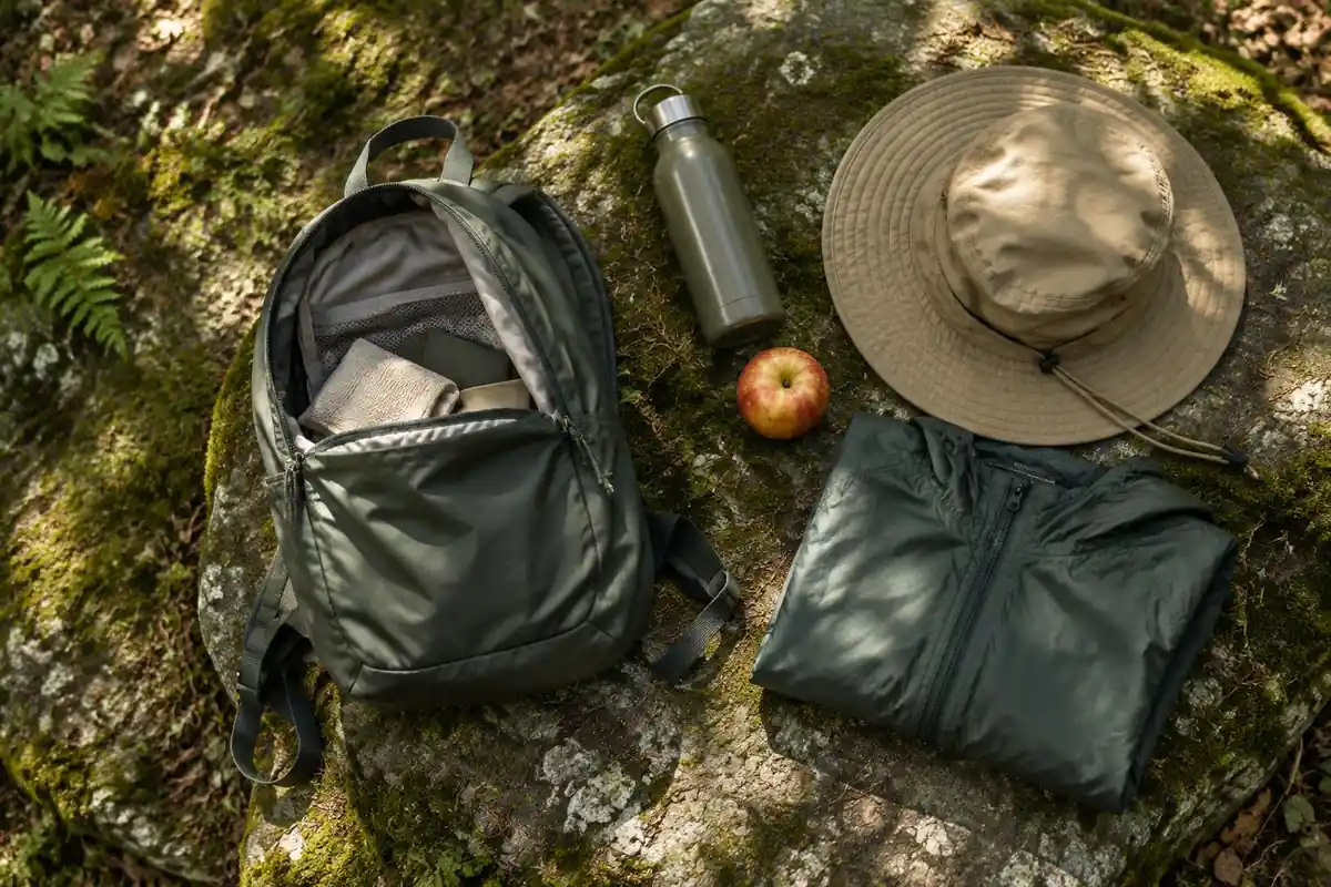 Lightweight daypack on a rock with a water bottle, snack and sun hat
