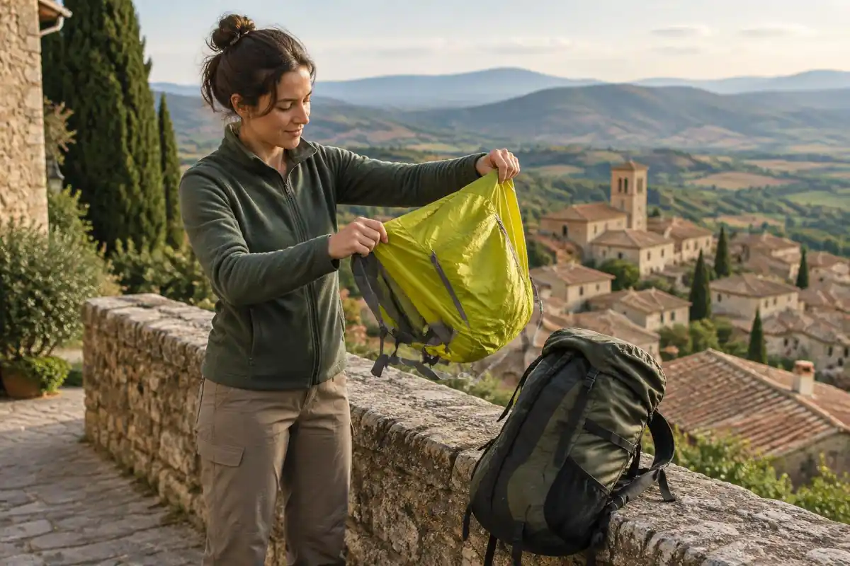 Traveller pulling a packable daypack from a bigger bag at a hilltop