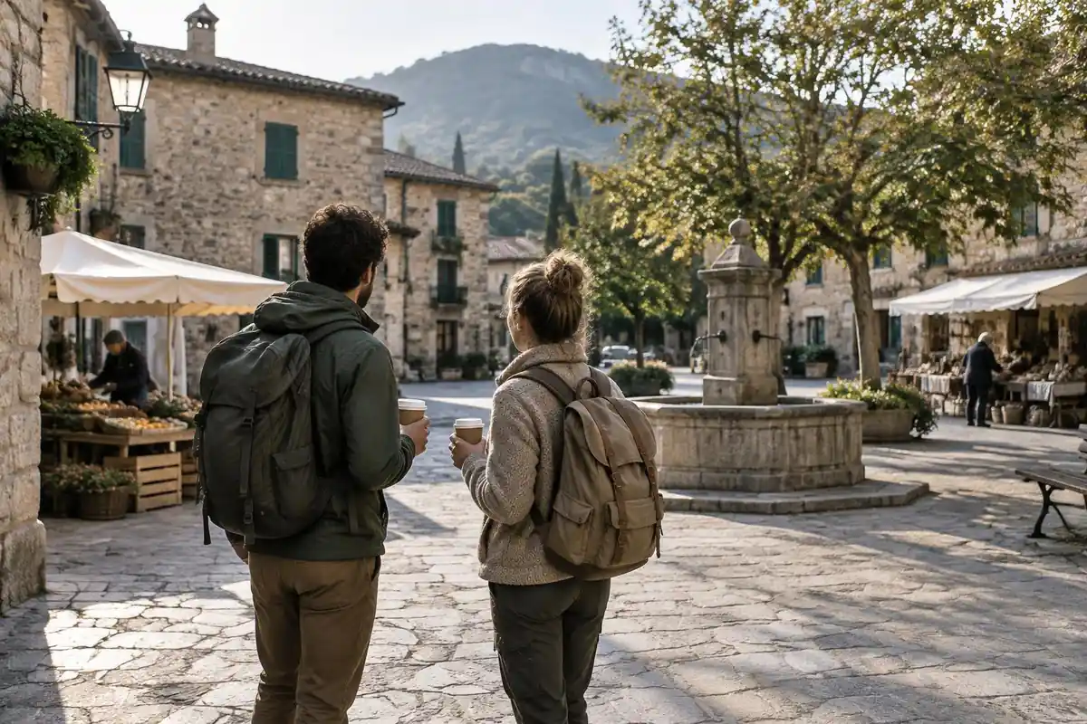 Hikers at a market town square with light bags before a walk