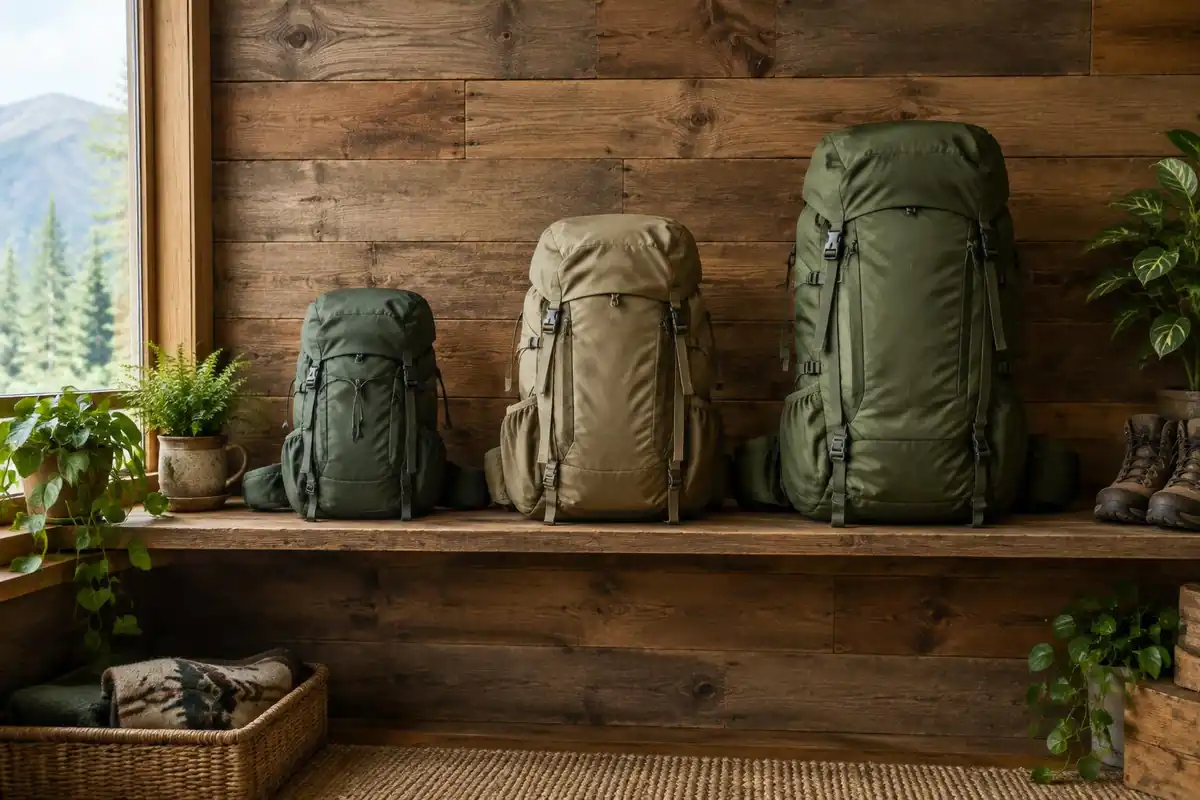 Wall of hiking packs in a range of sizes arranged by litres