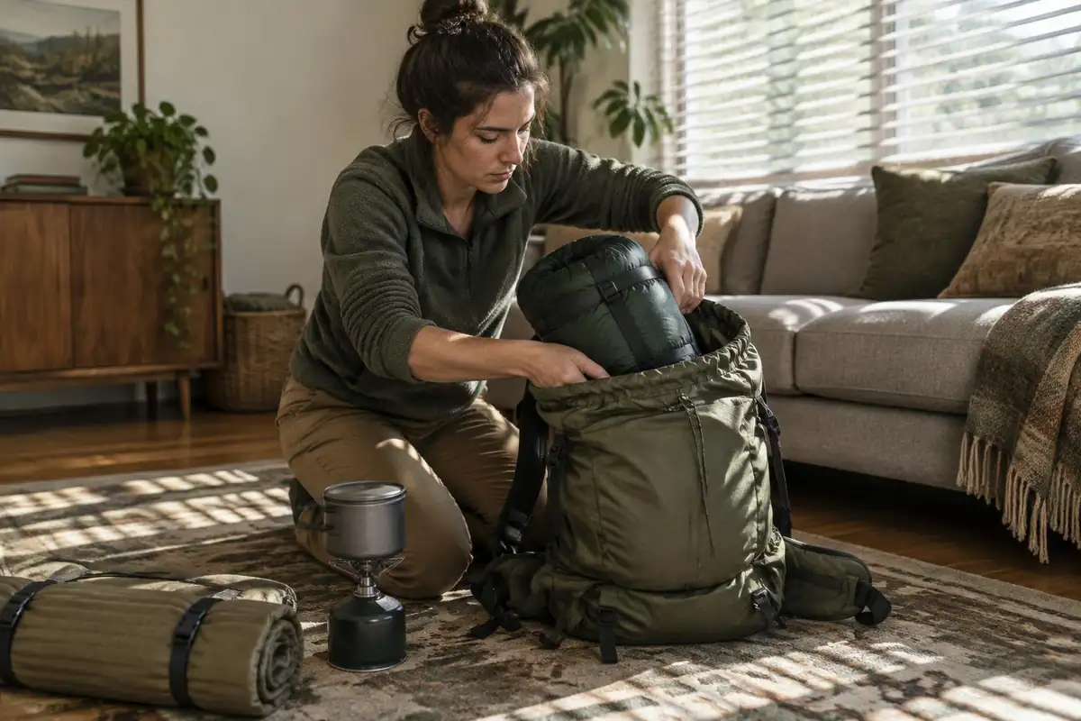 Hiker filling a pack with gear to check how many litres it holds