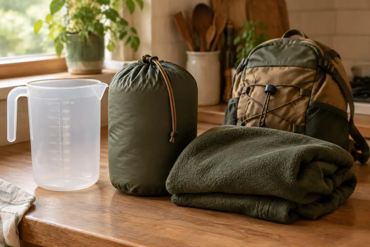 Measuring cup and gear beside a pack to compare volume