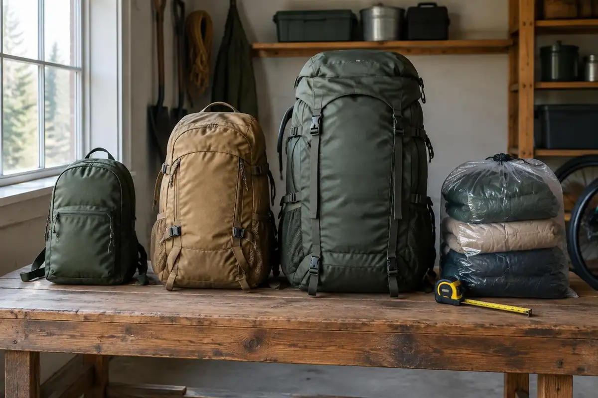 Row of three different sized packs on a wooden gear bench in a garage workshop