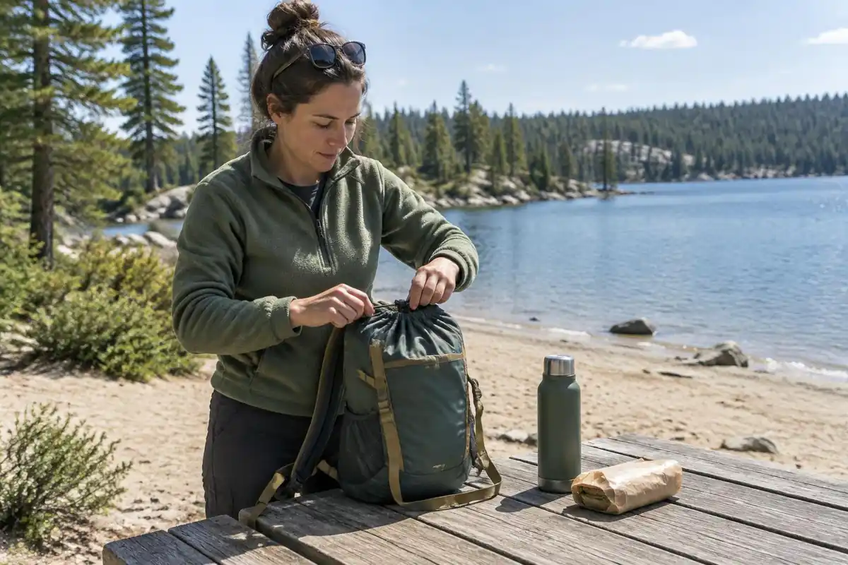 A hiker in a fleece cinches the lid of a small daypack on a picnic table