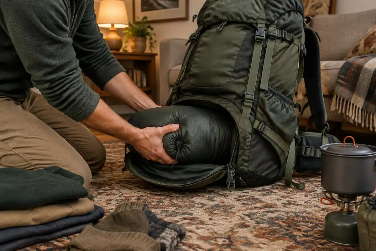 Arms stuff a sleeping bag into a large expedition pack on a living room rug
