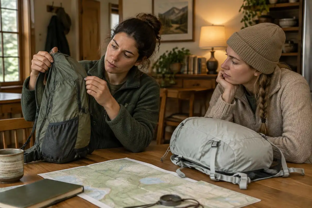 Friends comparing two lightweight packs on a kitchen table