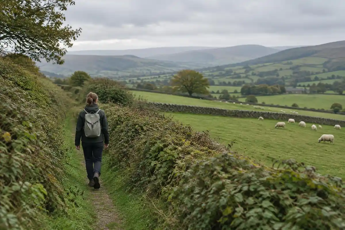 Rolling farmland footpath with a hiker carrying a simple light pack