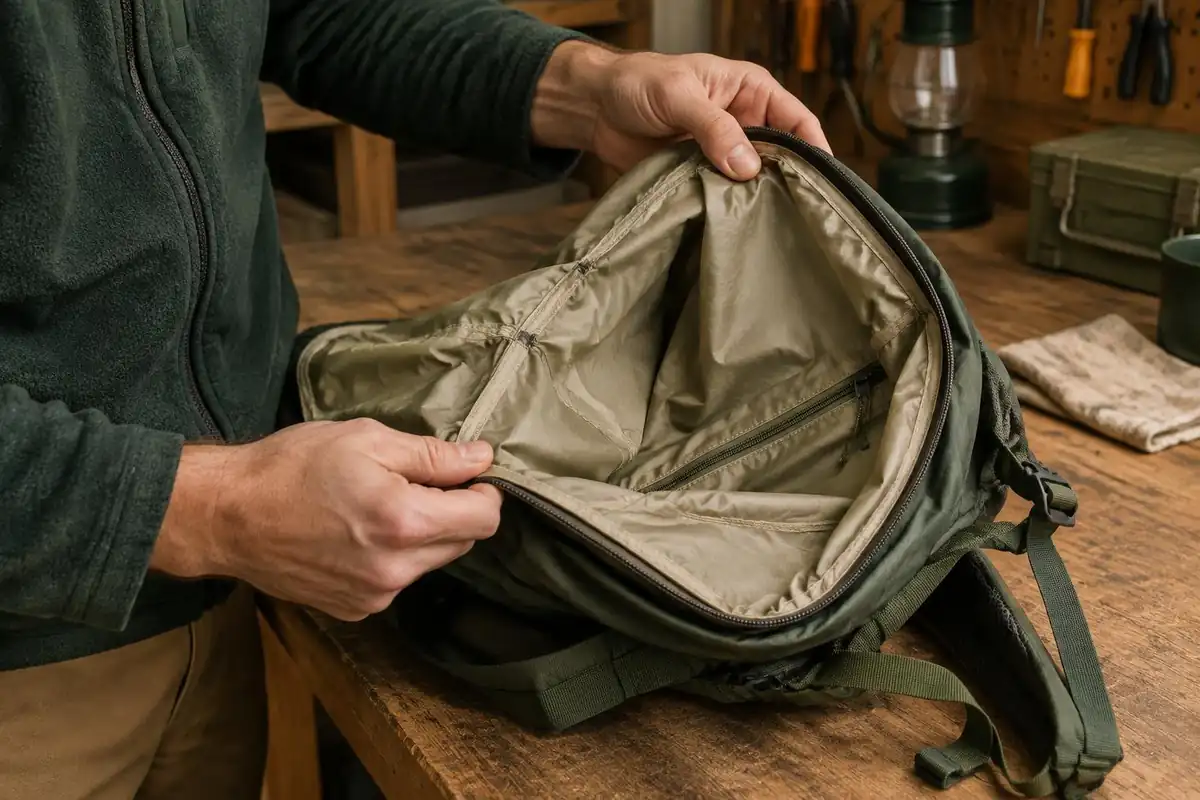 Hands checking seams and zips on a basic light pack