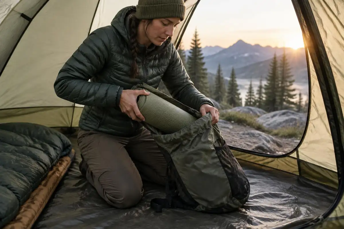 Hiker rolling a sleeping pad to line the back of a frameless pack